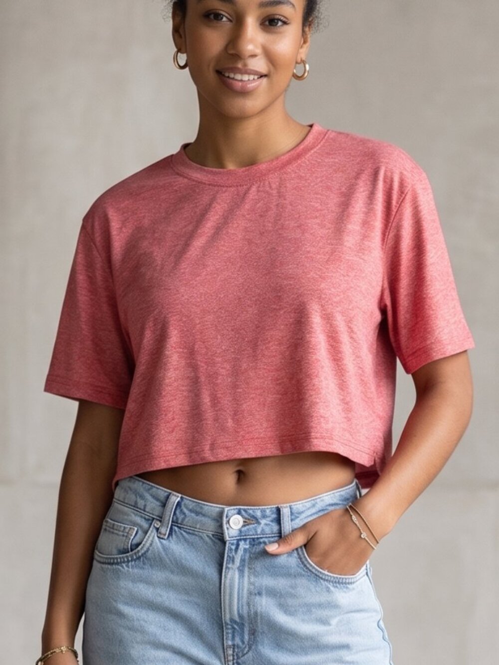 NWT GNKVLER Coral Pink Heathered Short Sleeve Crew Neck Athletic Crop Top Small